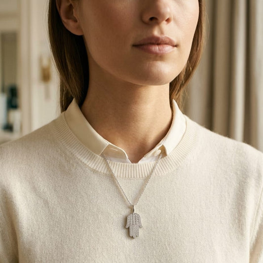 Diamond Pave Hamsa Pendant in 14K White Gold - editorial