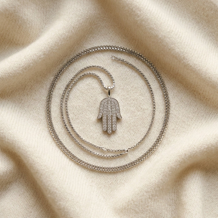 Diamond Pave Hamsa Pendant in 14K White Gold - flat lay