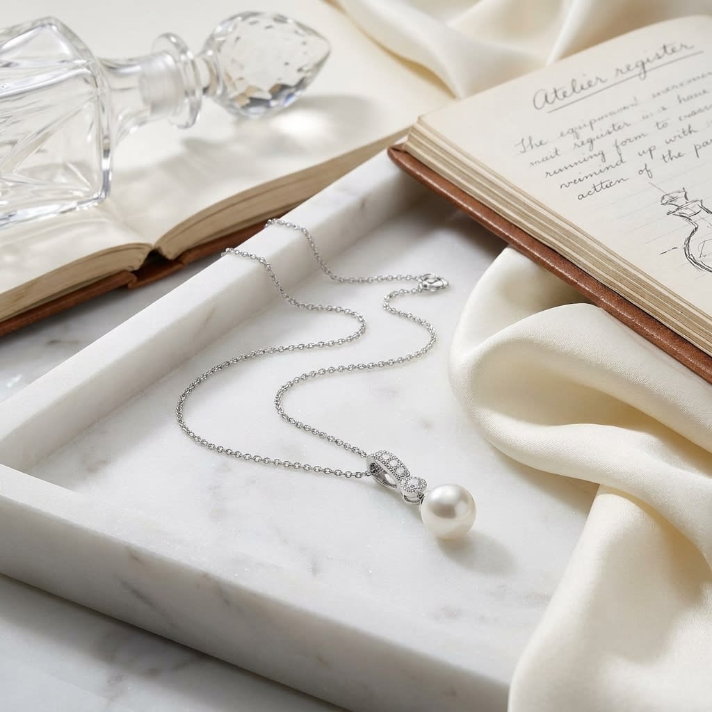 Cultured Pearl Pear Shape Pendant in 14K White Gold, on marble vanity tray with silk