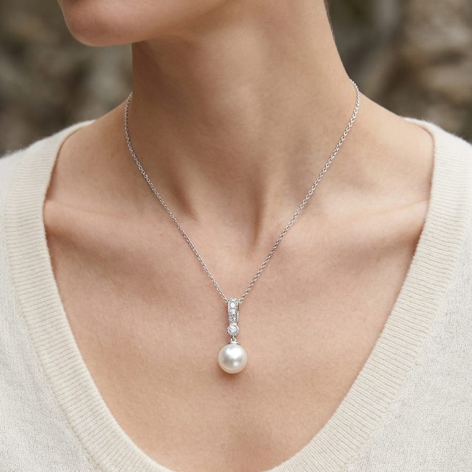 Cultured Pearl Pear Shape Pendant in 14K White Gold, worn close-up portrait