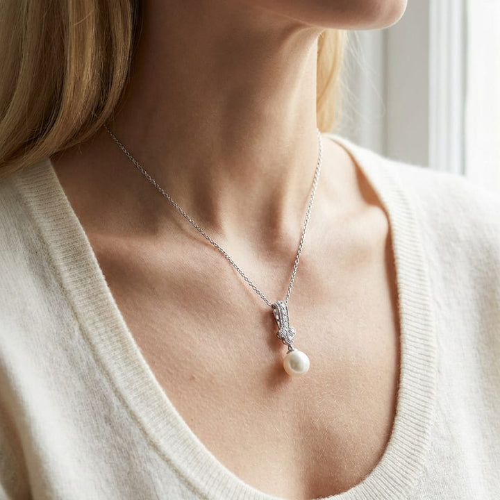 Cultured Pearl Pear Shape Pendant in 14K White Gold, worn close-up portrait