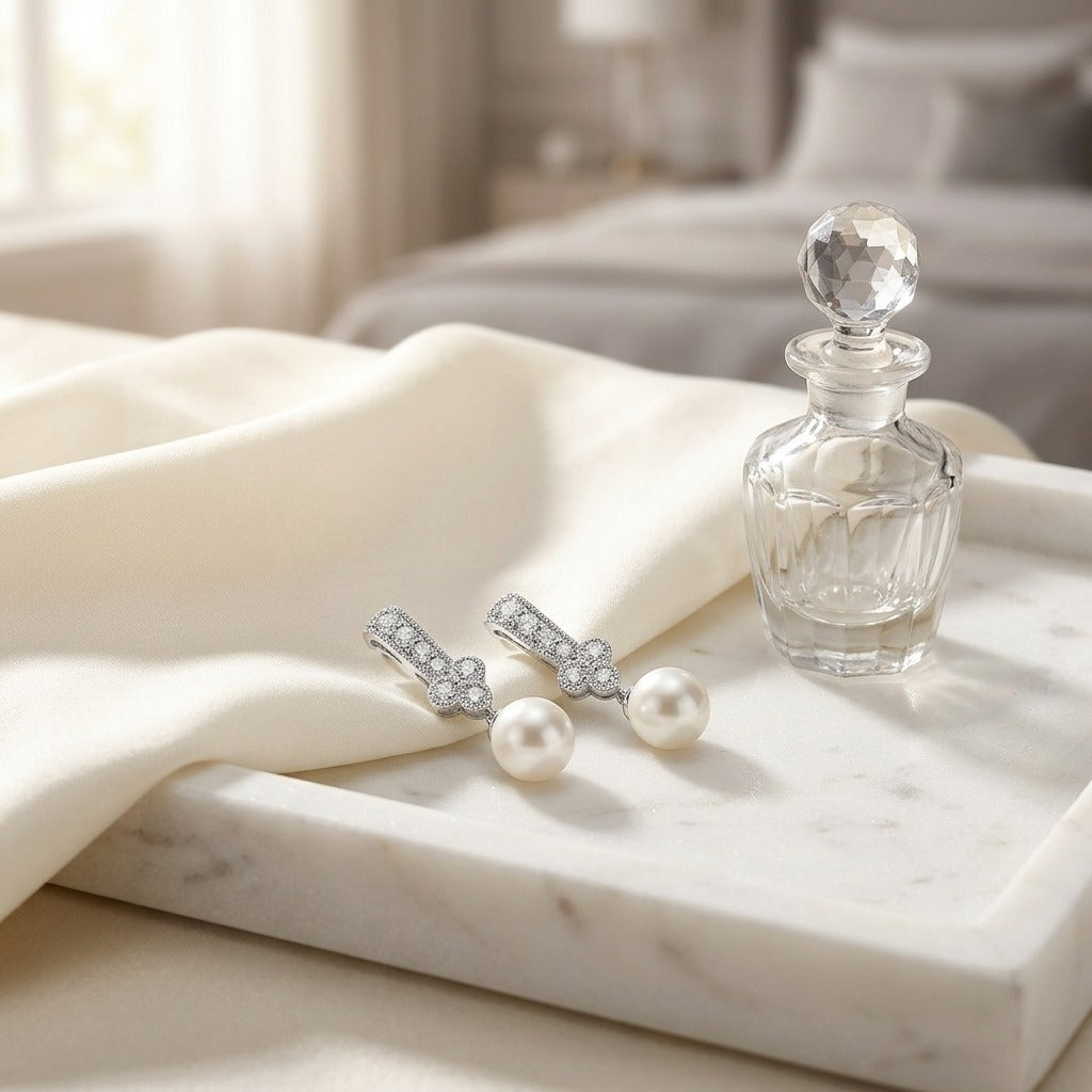 White Pearl & Diamond Drop Pendant with Clover & Pave Millgrained Bail in 14K White Gold - lifestyle