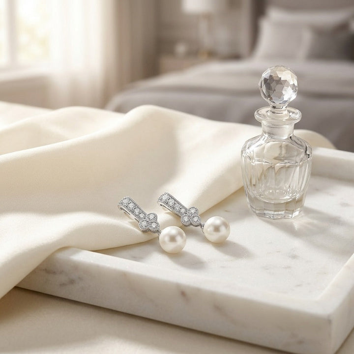 White Pearl & Diamond Drop Pendant with Clover & Pave Millgrained Bail in 14K White Gold - lifestyle