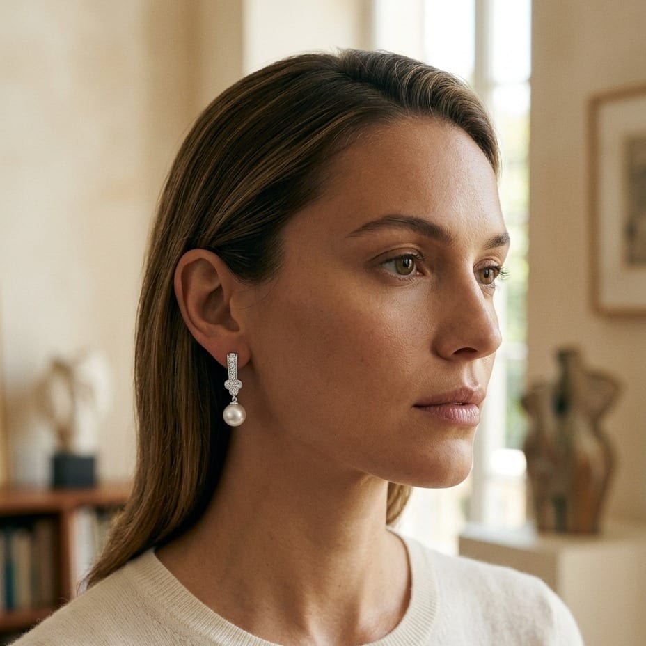 White Pearl & Diamond Drop Pendant with Clover & Pave Millgrained Bail in 14K White Gold - editorial
