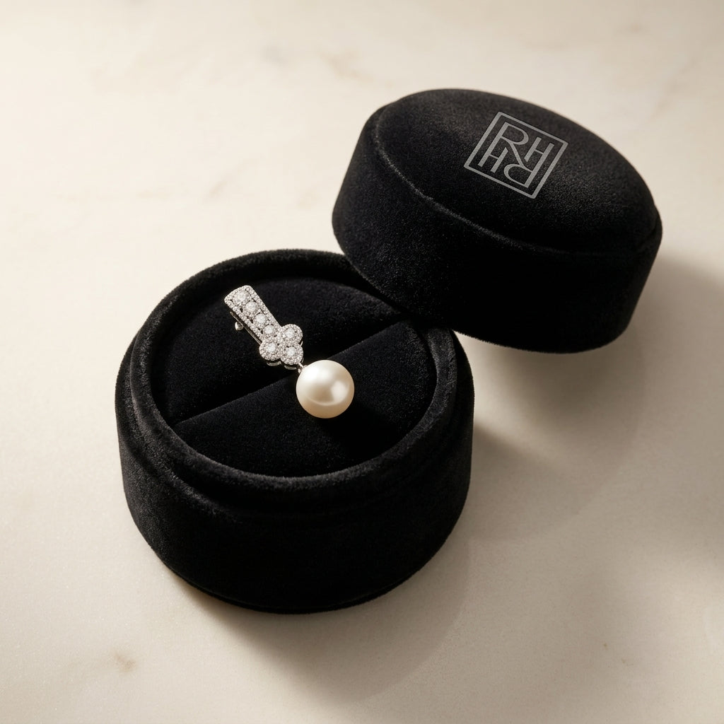 White Pearl & Diamond Drop Pendant with Clover & Pave Millgrained Bail in 14K White Gold - presentation