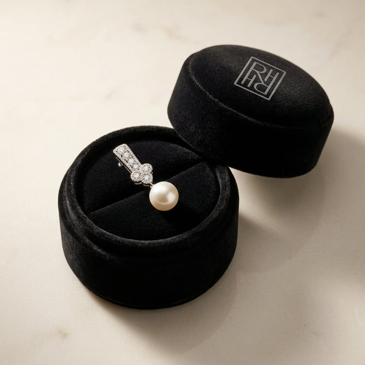 White Pearl & Diamond Drop Pendant with Clover & Pave Millgrained Bail in 14K White Gold - presentation