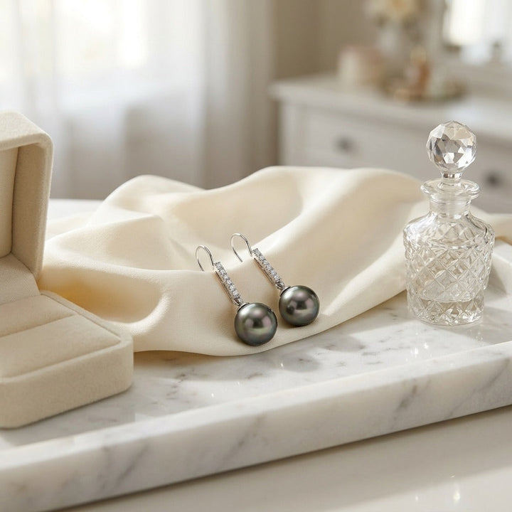 Black Pearl & Diamond Straight Drop Pendant in 14K White Gold - lifestyle