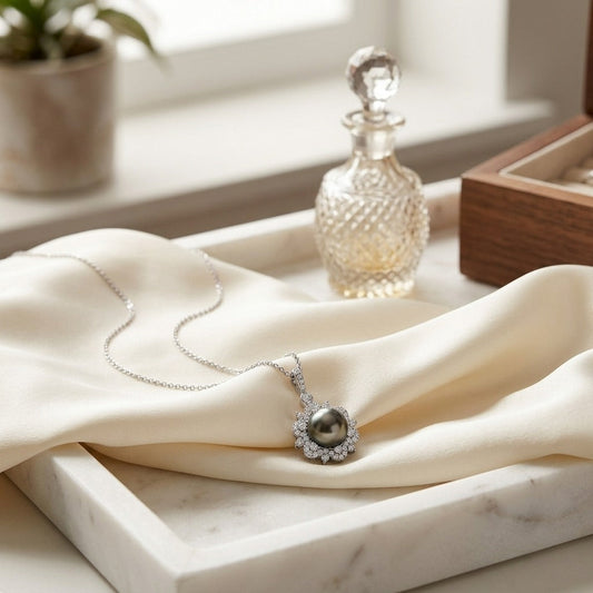 Black Pearl & Diamond Pendant with Arabesque Border in 14K White Gold - editorial