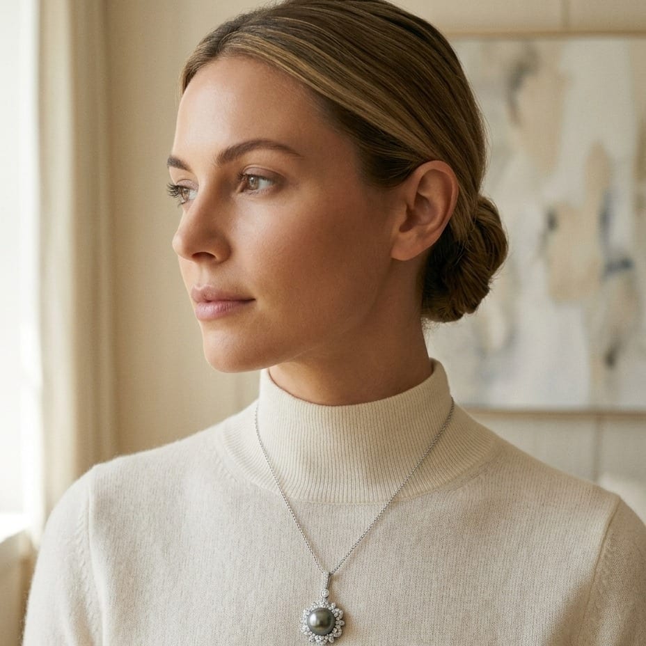 Black Pearl & Diamond Pendant with Arabesque Border in 14K White Gold - lifestyle