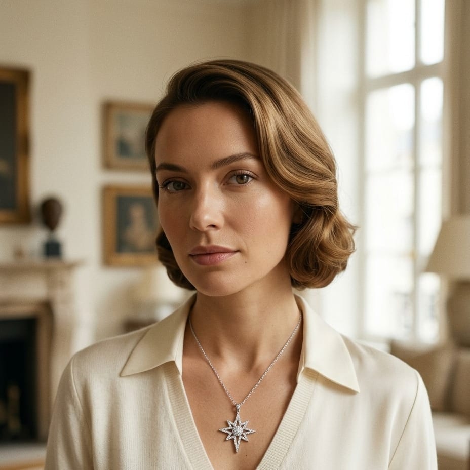 Diamond Polar Star Pendant with Pave Dome Core , 16-18 Adjustable Chain in 14K White Gold - on model