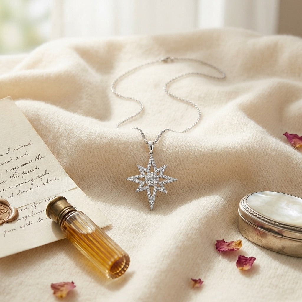 Diamond Polar Star Pendant with Pave Dome Core , 16-18 Adjustable Chain in 14K White Gold - flat lay
