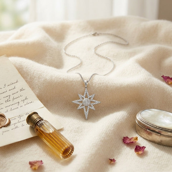 Diamond Polar Star Pendant with Pave Dome Core , 16-18 Adjustable Chain in 14K White Gold - flat lay
