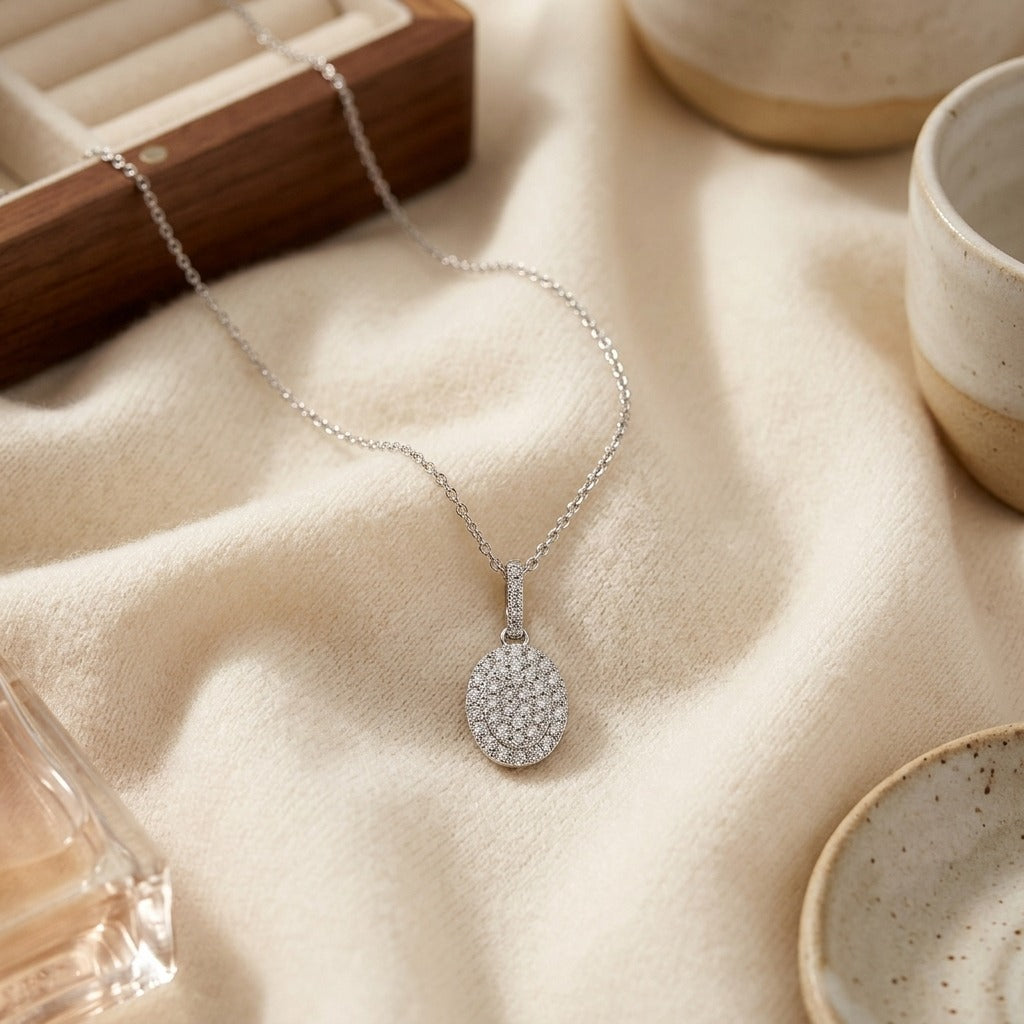 Diamond Pave Disk Pendant with Bail in 14K White Gold - flat lay