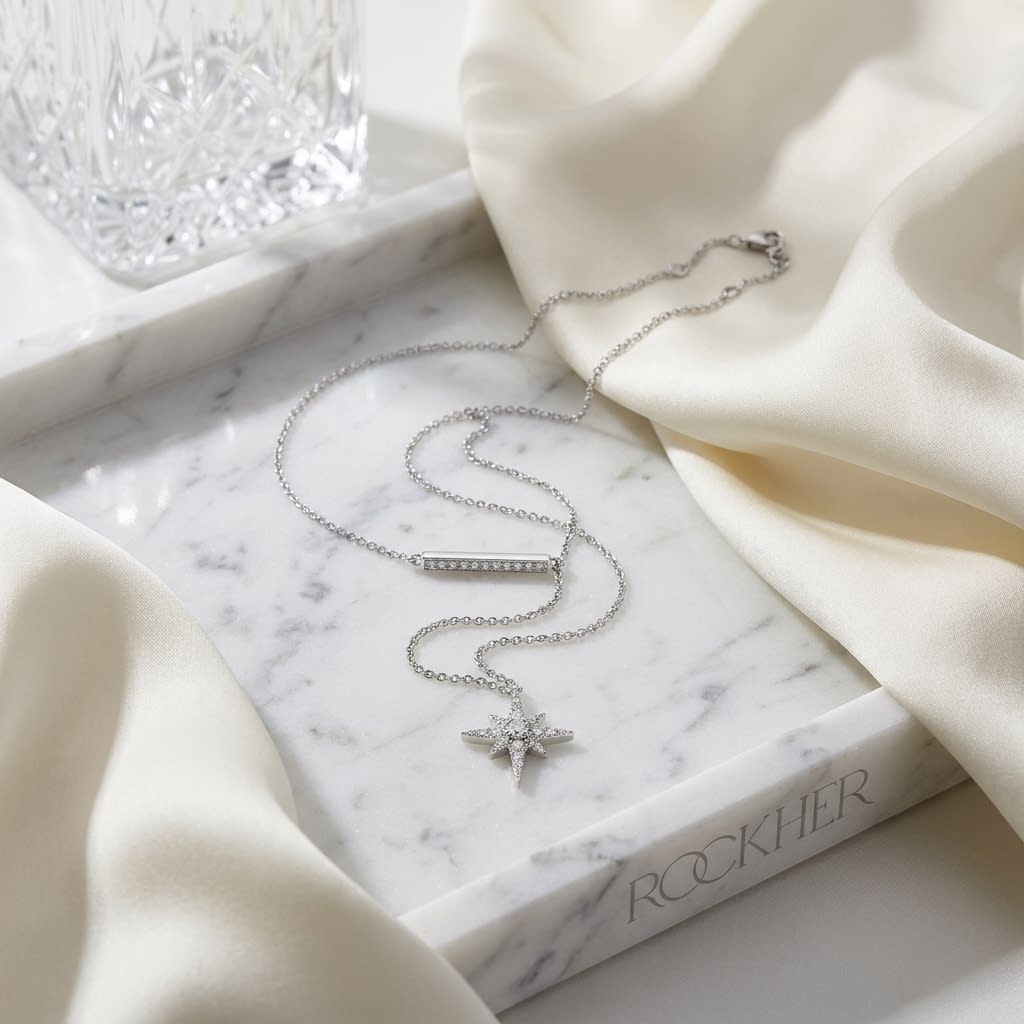 Natural Diamond Round Brilliant Pendant in 14K White Gold, on marble vanity tray with silk