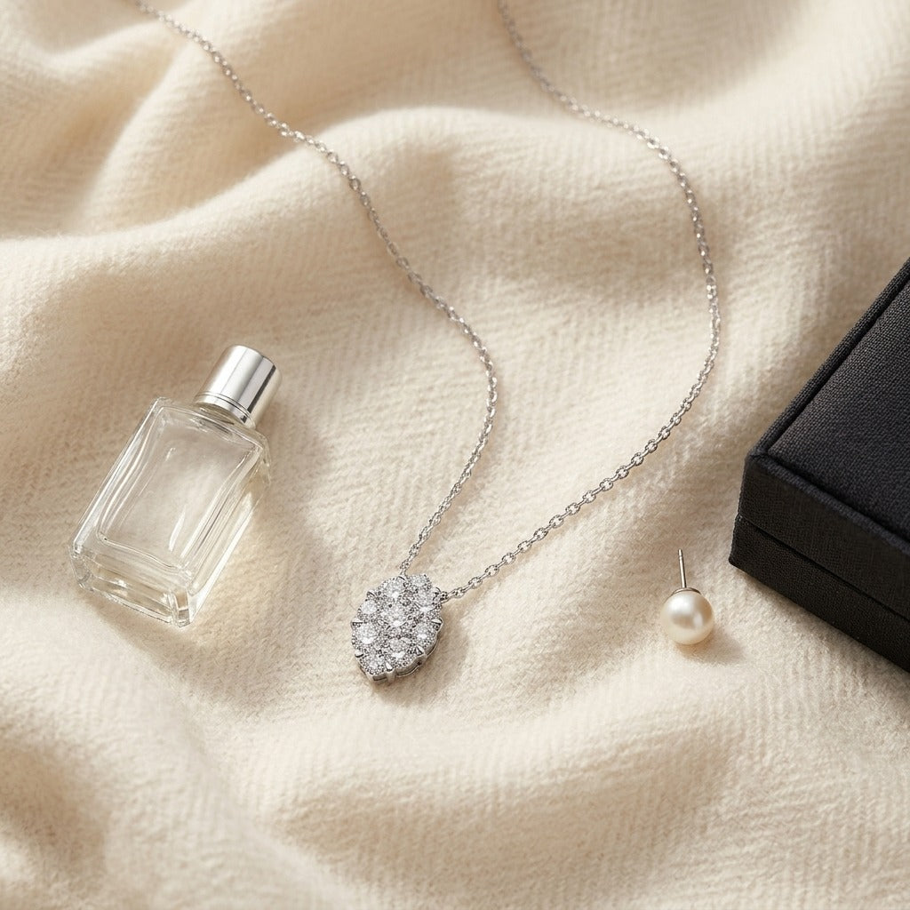 Diamond Oval Cluster Solitaire Pendant in 14K White Gold - flat lay