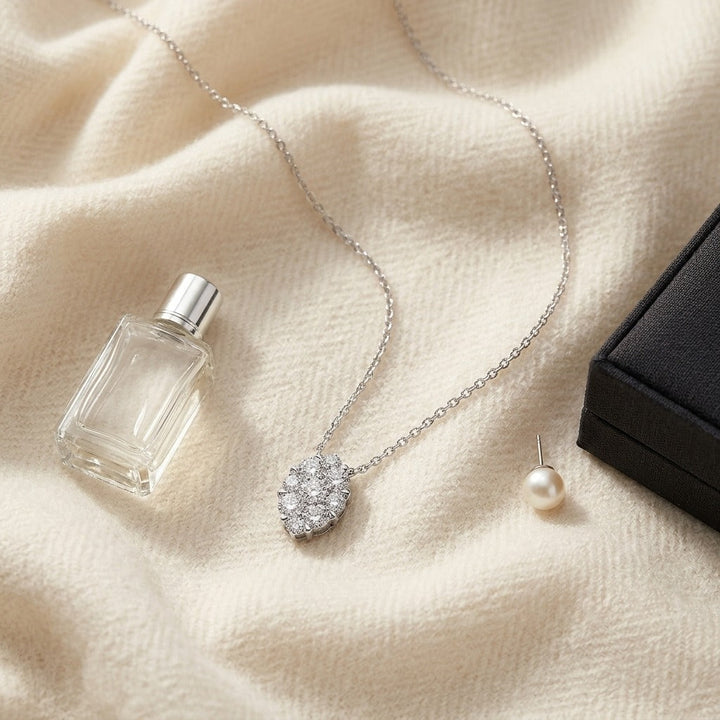 Diamond Oval Cluster Solitaire Pendant in 14K White Gold - flat lay