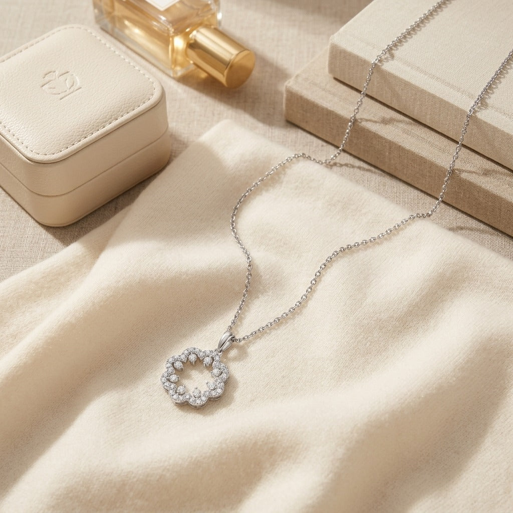 Diamond Floral Pendant 1-1/6ctw 16-18 Inch Adj Chain in 14K White Gold - flat lay