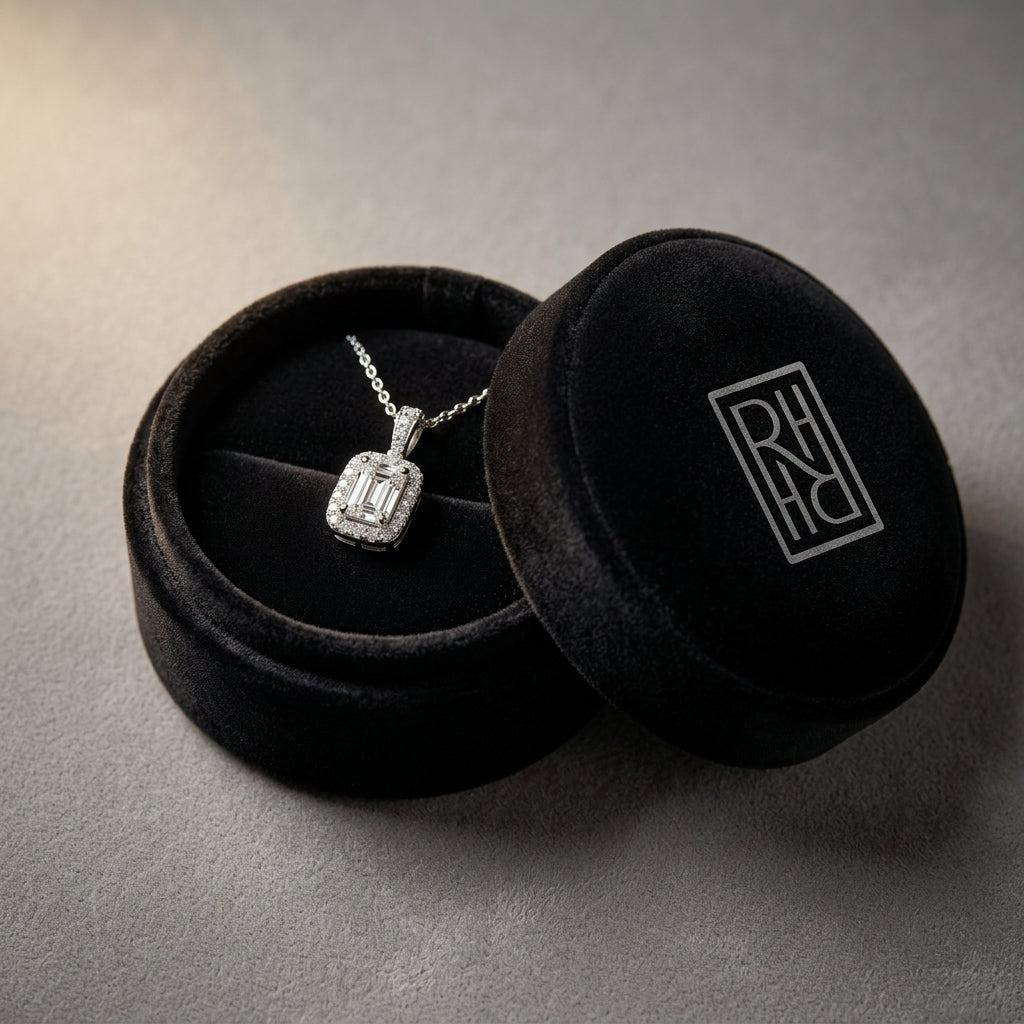 Diamond Rectangular Halo Pendant 3/4ct Emerald Cut Center 9/10ctw 16-18 Inch Adj Chain in 14K White Gold - presentation