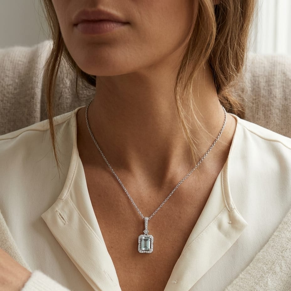 Aquamarine Emerald Cut Halo Pendant in 14k White Gold 0.15ctw, worn close-up portrait