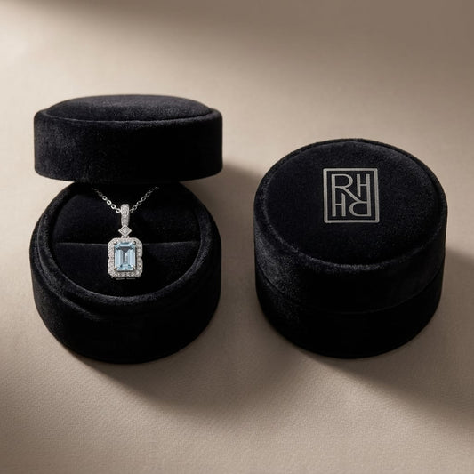 Aquamarine Emerald Cut Halo Pendant in 14k White Gold 0.15ctw, in navy velvet jewelry box