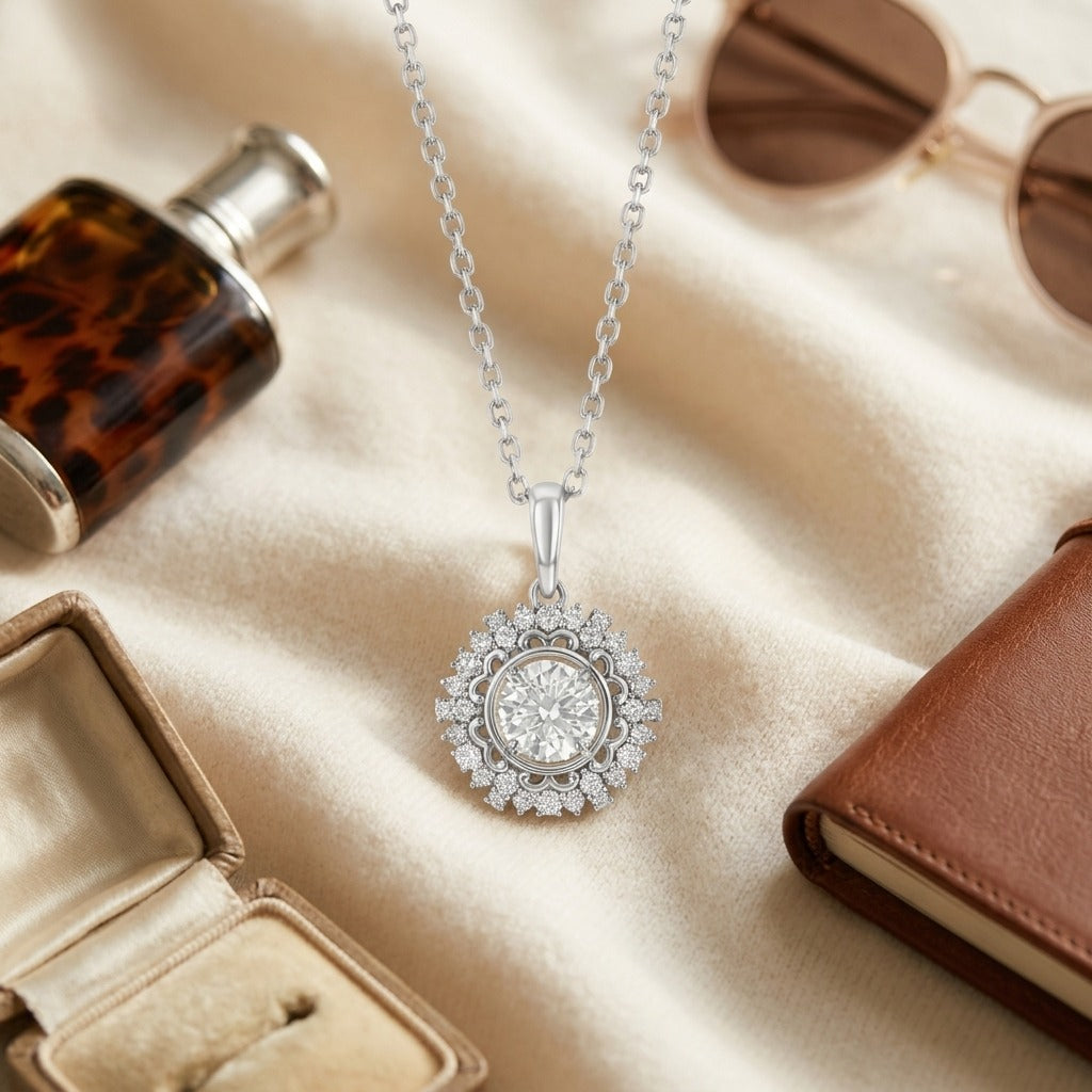 Diamond Hexagon Pendant 3/4ct Ctr 1ctw 16-18 Inch Adj Chain in 14K White Gold - flat lay