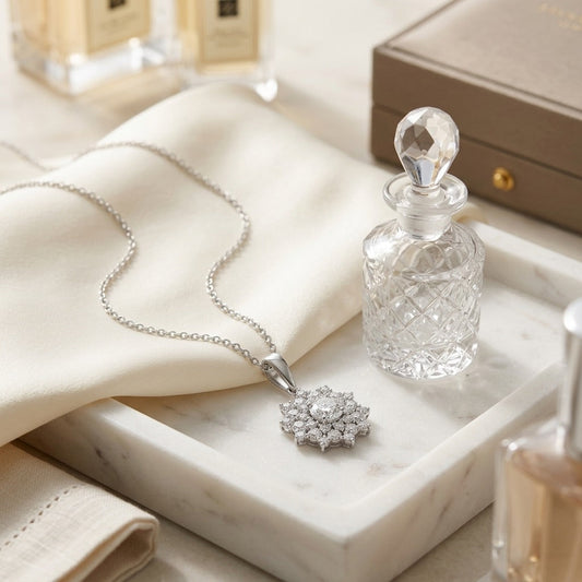 Diamond Floral Pendant 1/2ct Ctr 1-1/10ctw 16-18 Inch Adj Chain in 14K White Gold - editorial