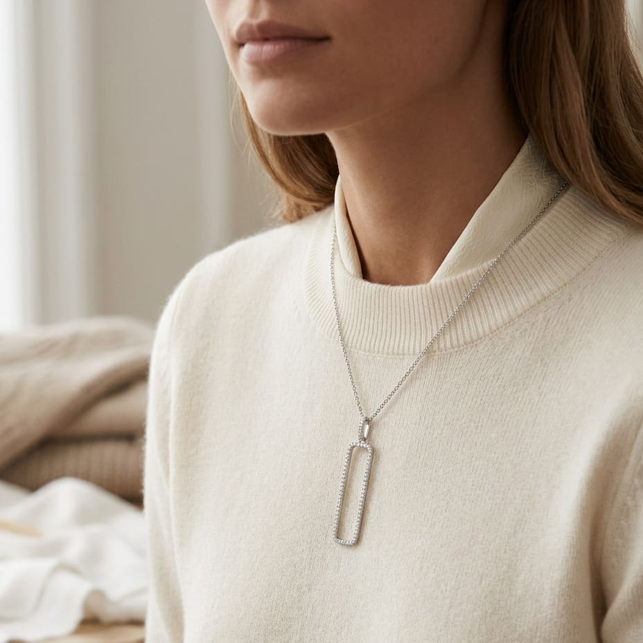 Diamond Open Rectangle Necklace 3/8ctw, 18 Inch Rolo Chain in 14K White Gold - editorial