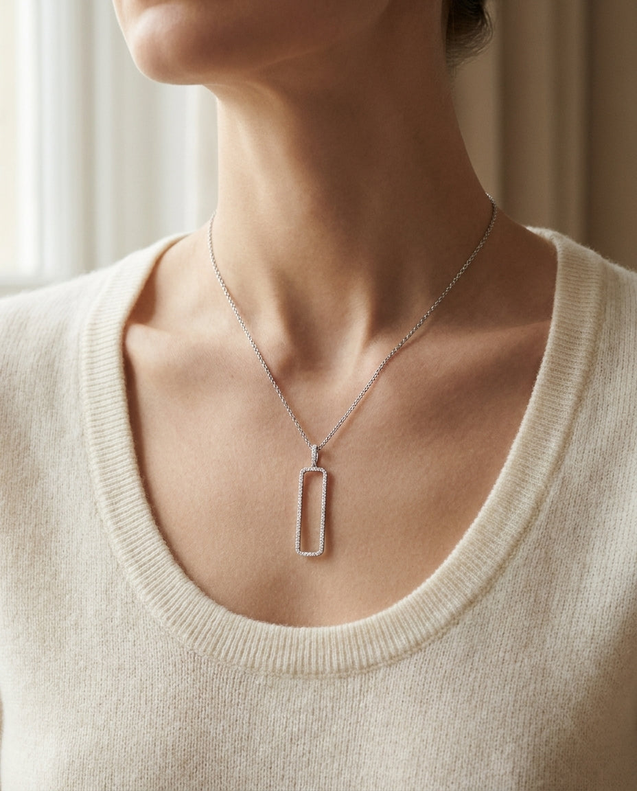 Diamond Open Rectangle Necklace In 14k White Gold 0.42ctw, 18 Inch Rolo Chain, worn close-up portrait