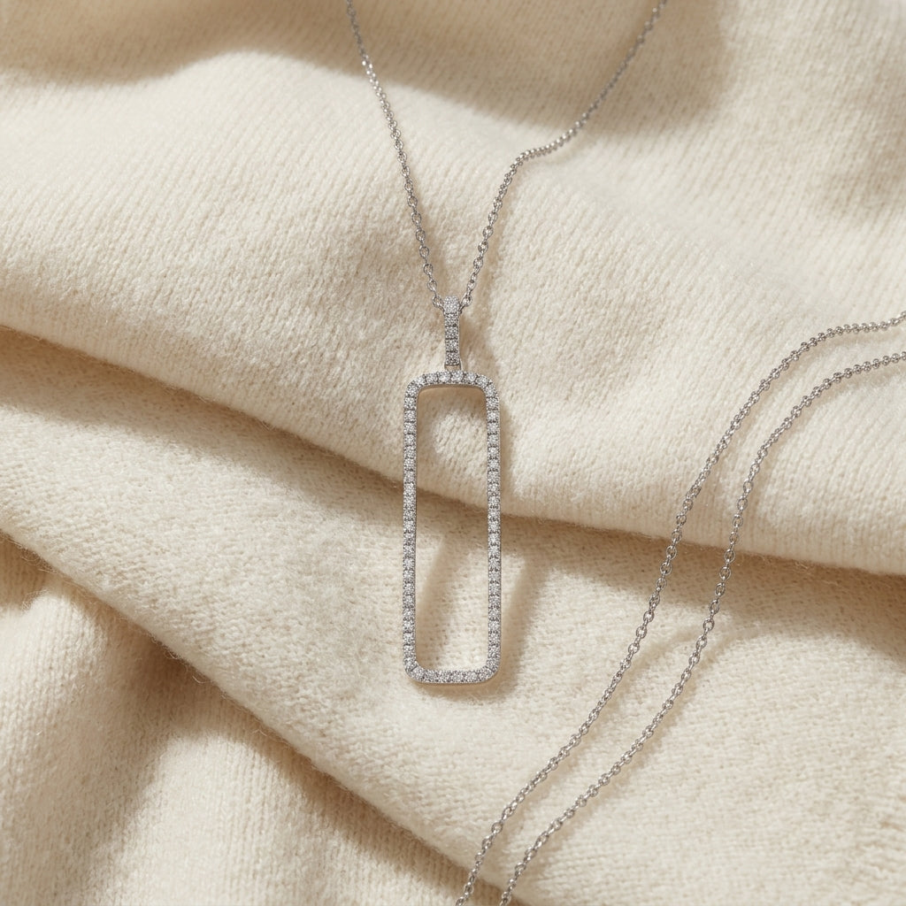 Diamond Open Rectangle Necklace 3/8ctw, 18 Inch Rolo Chain in 14K White Gold - flat lay