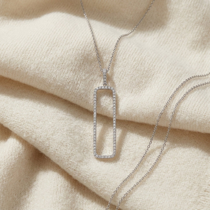 Diamond Open Rectangle Necklace 3/8ctw, 18 Inch Rolo Chain in 14K White Gold - flat lay