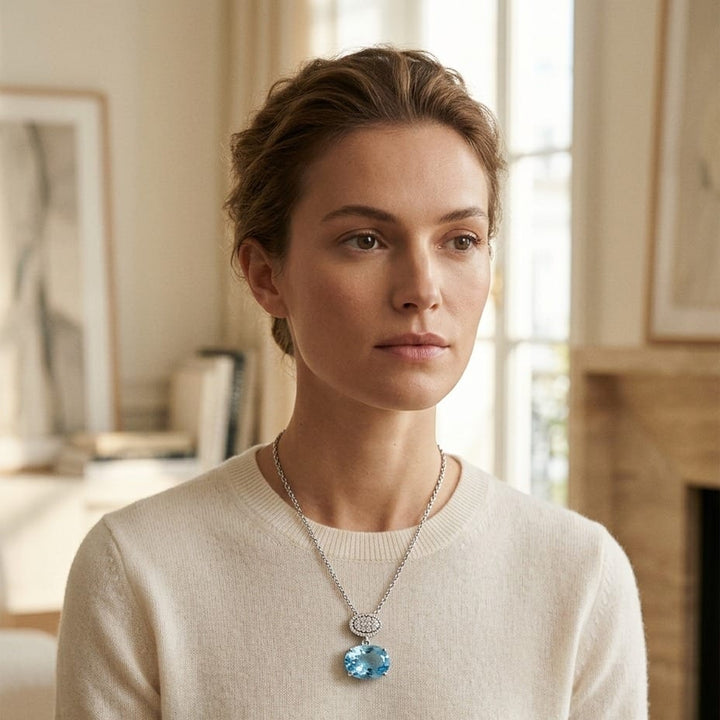 Blue Topaz Oval & Diamond 1/16ctw Pendant Set with Chain in 14K White Gold - lifestyle
