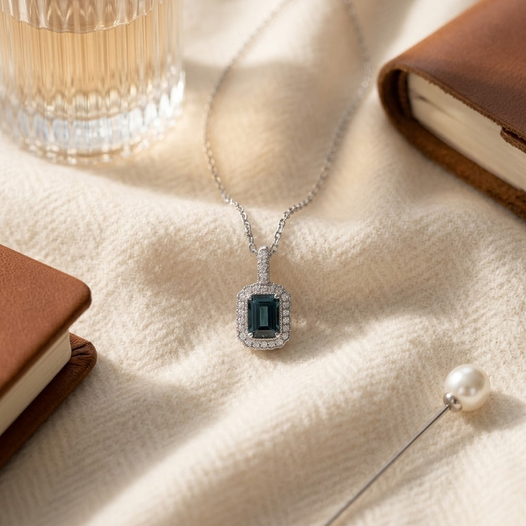 London Blue Topaz & Diamond 1/6ctw Pendant Set with Chain in 14K White Gold - flat lay