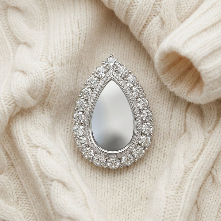 Diamond Open Pear Shape Millgrain Pendant 1/3ctw with Adjustable Chain 16-17-18 Inch in 14K White Gold - flat lay