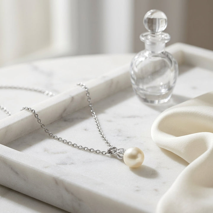 Freshwater White Pearl & Bezel Diamond Pendant 0.10ctw 16-18" Adj Cable Chain in 14K White Gold - lifestyle