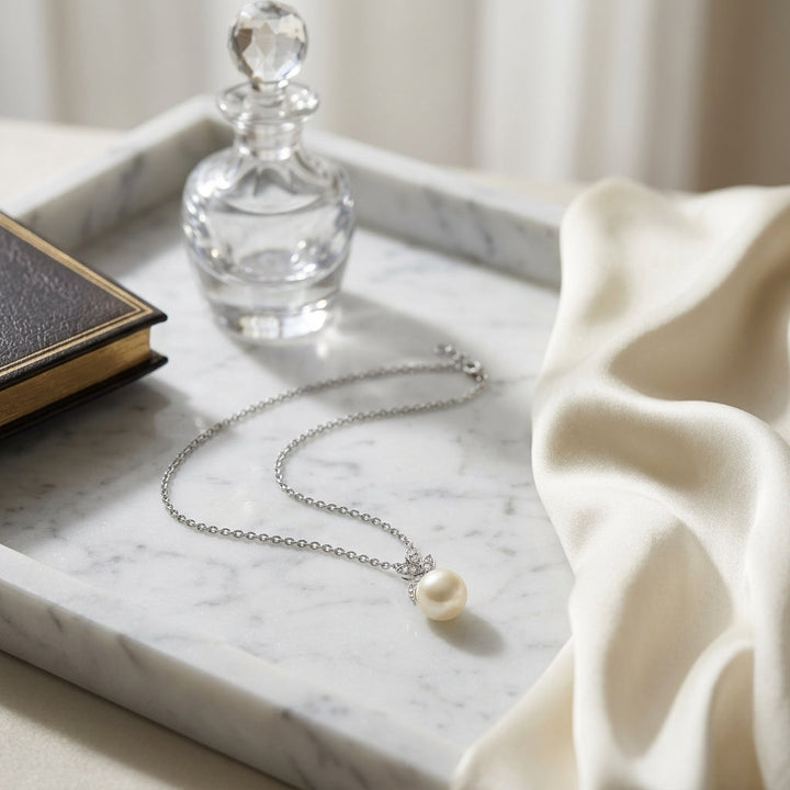 Freshwater Pearl & Diamond Leaf Pendant 16-18" Adjustable Cable Chain in 14K White Gold - lifestyle