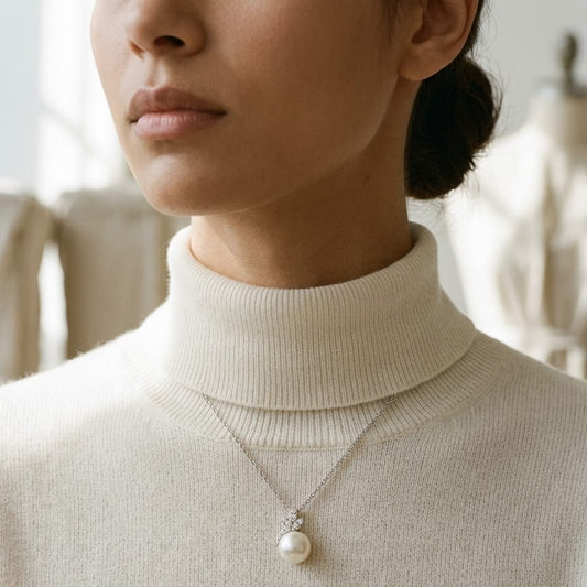 Freshwater Pearl & Diamond Leaf Pendant 16-18" Adjustable Cable Chain in 14K White Gold - editorial