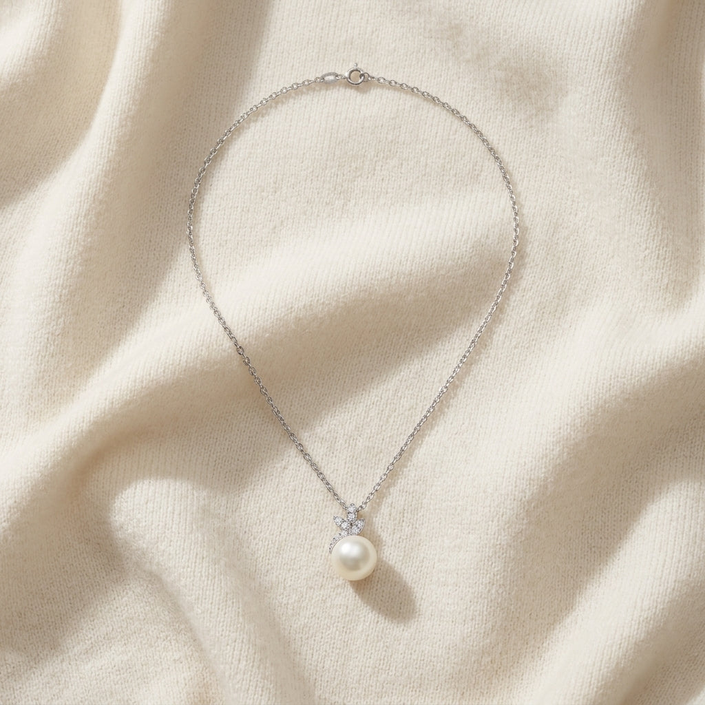 Freshwater Pearl & Diamond Leaf Pendant 16-18" Adjustable Cable Chain in 14K White Gold - flat lay