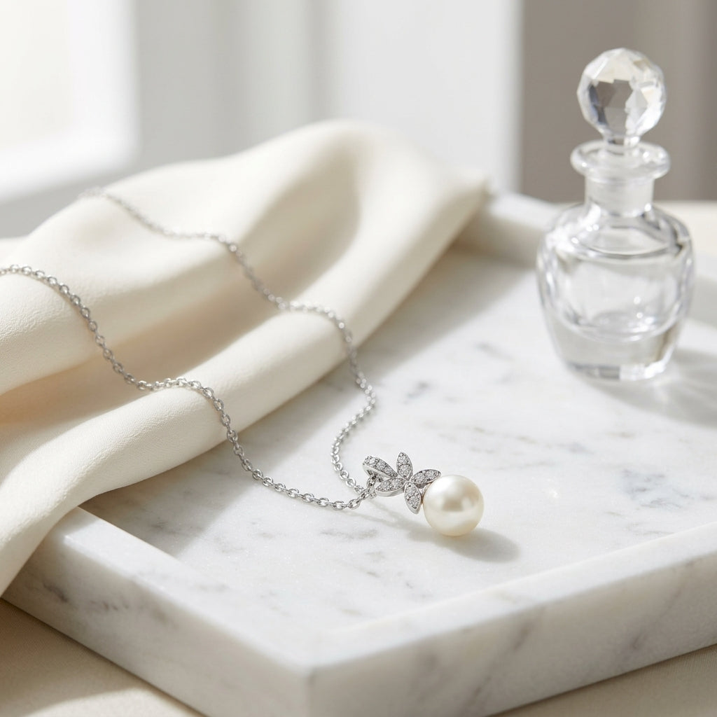 Freshwater Pearl & Diamond Four Leaf Pendant 16-18