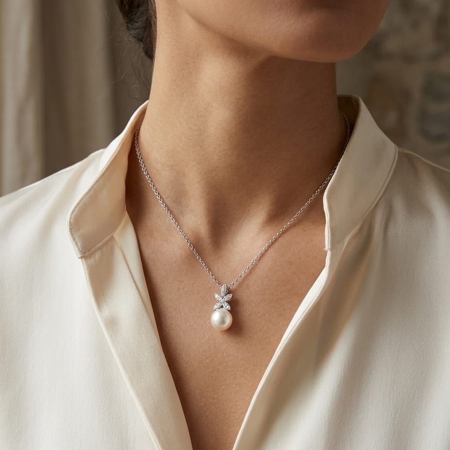 Freshwater Pearl & Diamond Four Leaf Pendant 16-18" Adjustable Cable Chain in 14K White Gold - lifestyle
