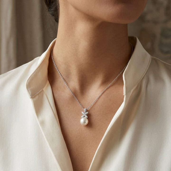 Freshwater Pearl & Diamond Four Leaf Pendant 16-18" Adjustable Cable Chain in 14K White Gold - lifestyle