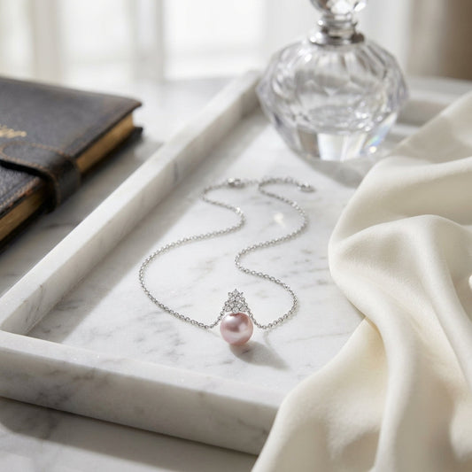Freshwater Pink Pearl & Diamond Four Leaf Pendant 16-18" Adjustable Cable Chain in 14K White Gold - editorial
