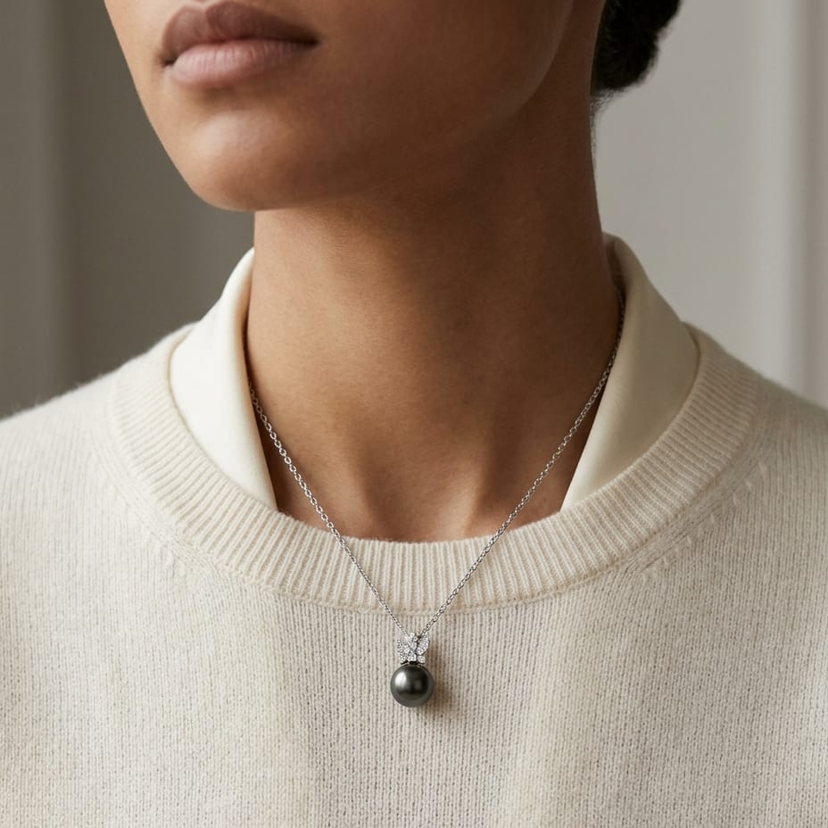 Tahitian Pearl & Diamond Crown Pendant 16-18