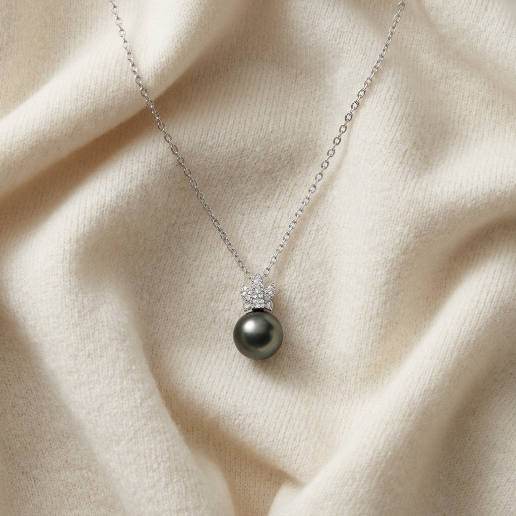 Tahitian Pearl & Diamond Crown Pendant 16-18" Adjustable Cable Chain in 14K White Gold - flat lay