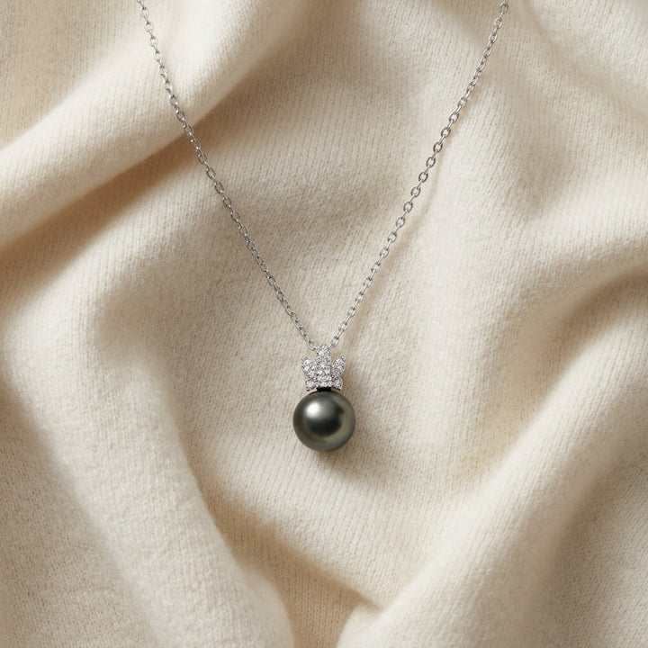 Tahitian Pearl & Diamond Crown Pendant 16-18" Adjustable Cable Chain in 14K White Gold - flat lay