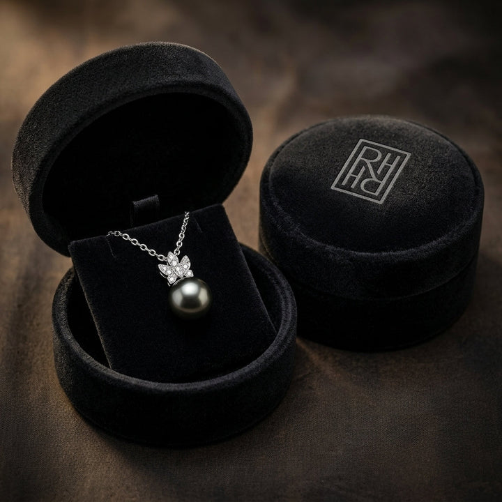 Tahitian Pearl & Diamond Crown Pendant 16-18" Adjustable Cable Chain in 14K White Gold - presentation