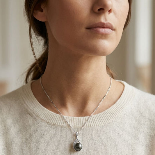 Tahitian Pearl & Diamond Swirl Pendant 16-18" Adjustable Cable Chain in 14K White Gold - editorial