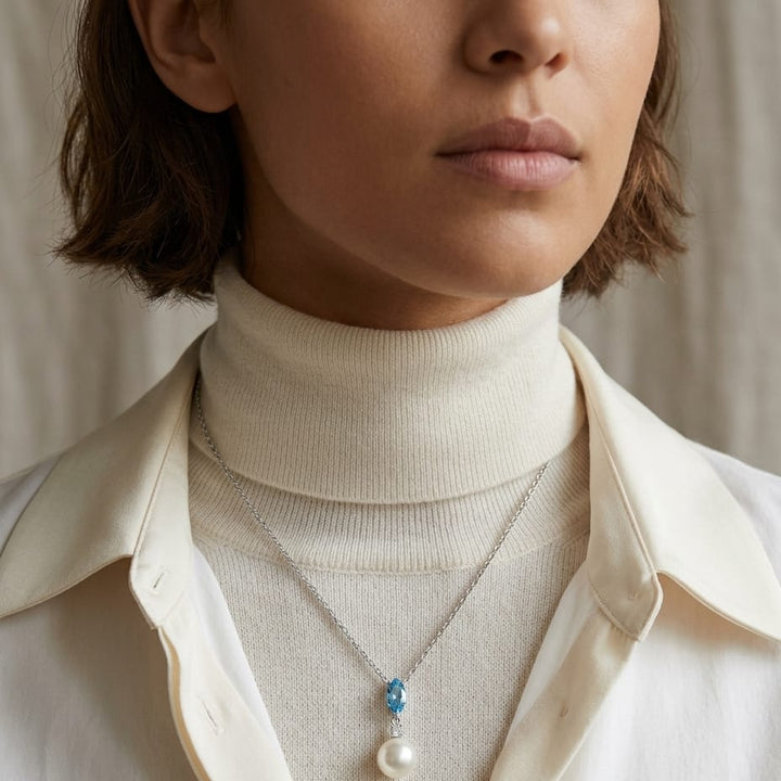 Freshwater Pearl Marquise Blue Topaz & Diamond Pendant 16-18in Adj Chain in 14K White Gold - lifestyle
