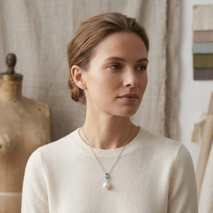 Freshwater Pearl Marquise Blue Topaz & Diamond Pendant 16-18in Adj Chain in 14K White Gold - on model
