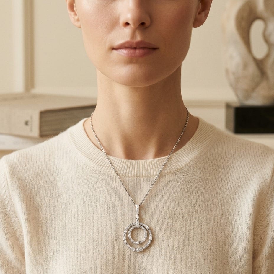 Diamond Circle in Circle Pendant 1/2ctw 16-17-18 Inch Adjustable Chain in 14K White Gold - lifestyle