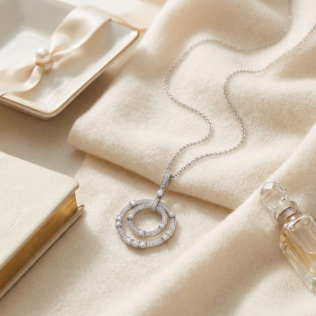 Diamond Circle in Circle Pendant 1/2ctw 16-17-18 Inch Adjustable Chain in 14K White Gold - flat lay